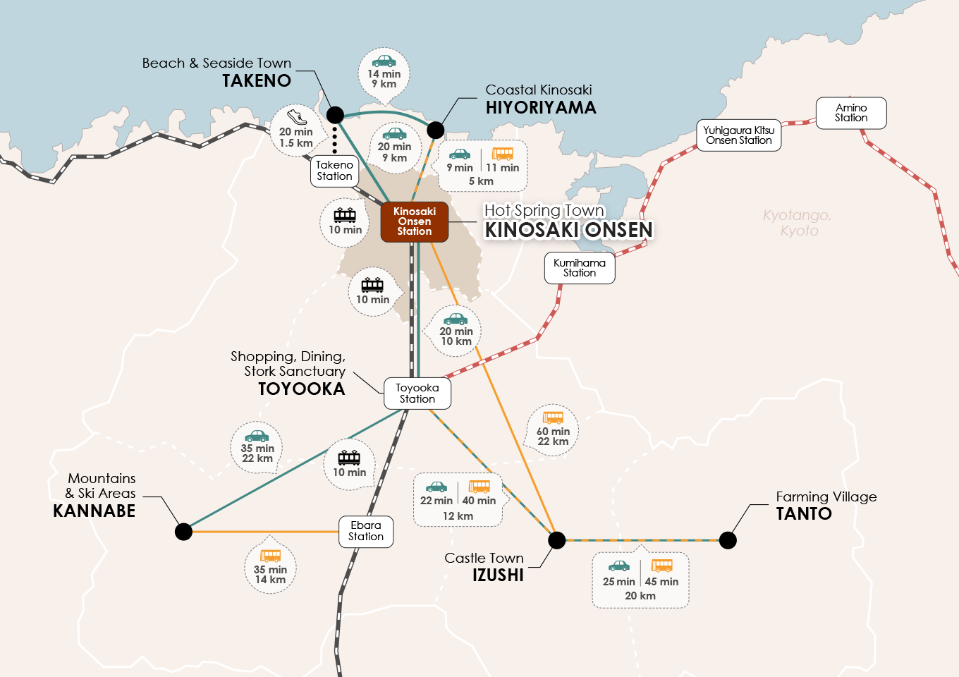 Local transit and area map of Kinosaki surrounding areas